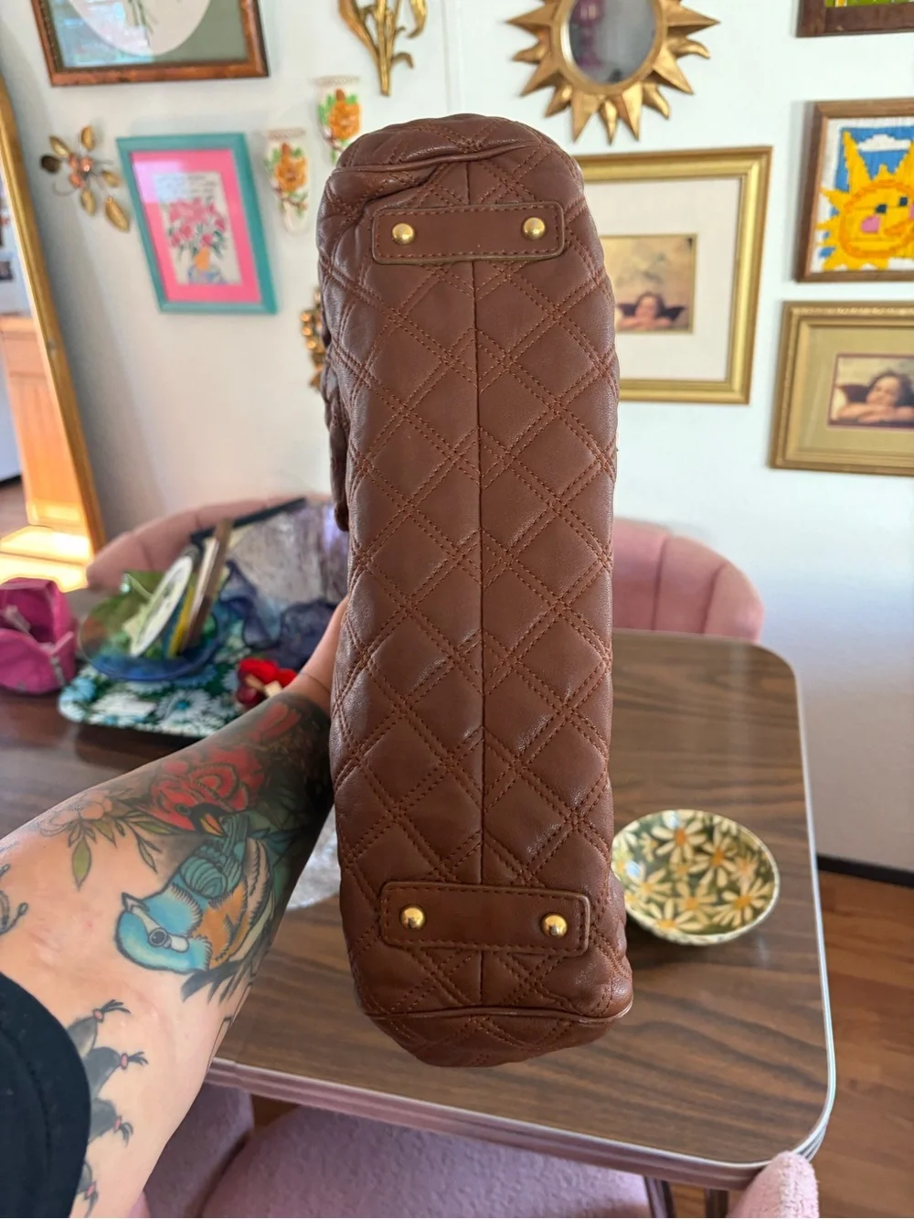 Marc Jacobs Stam Purse Satchel Frame Handbag Brown Quilted Leather Chain Strap